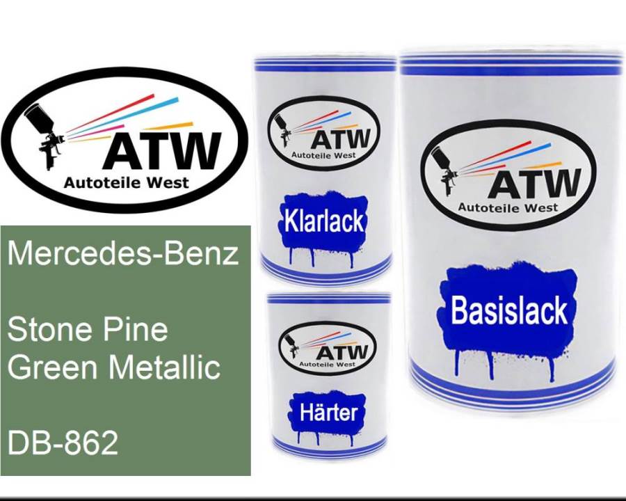 Mercedes-Benz, Stone Pine Green Metallic, DB-862: 500ml Lackdose + 500ml Klarlack + 250ml Härter - Set, von ATW Autoteile West.